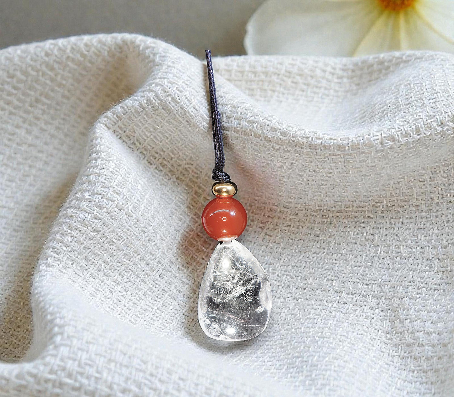 Clear Quartz Red Carnelian Necklace, Freeform Zen Pendant, Chunky Geometric Energy Stone, Boho Crystal Jewelry Real Leather Cord Adjustable