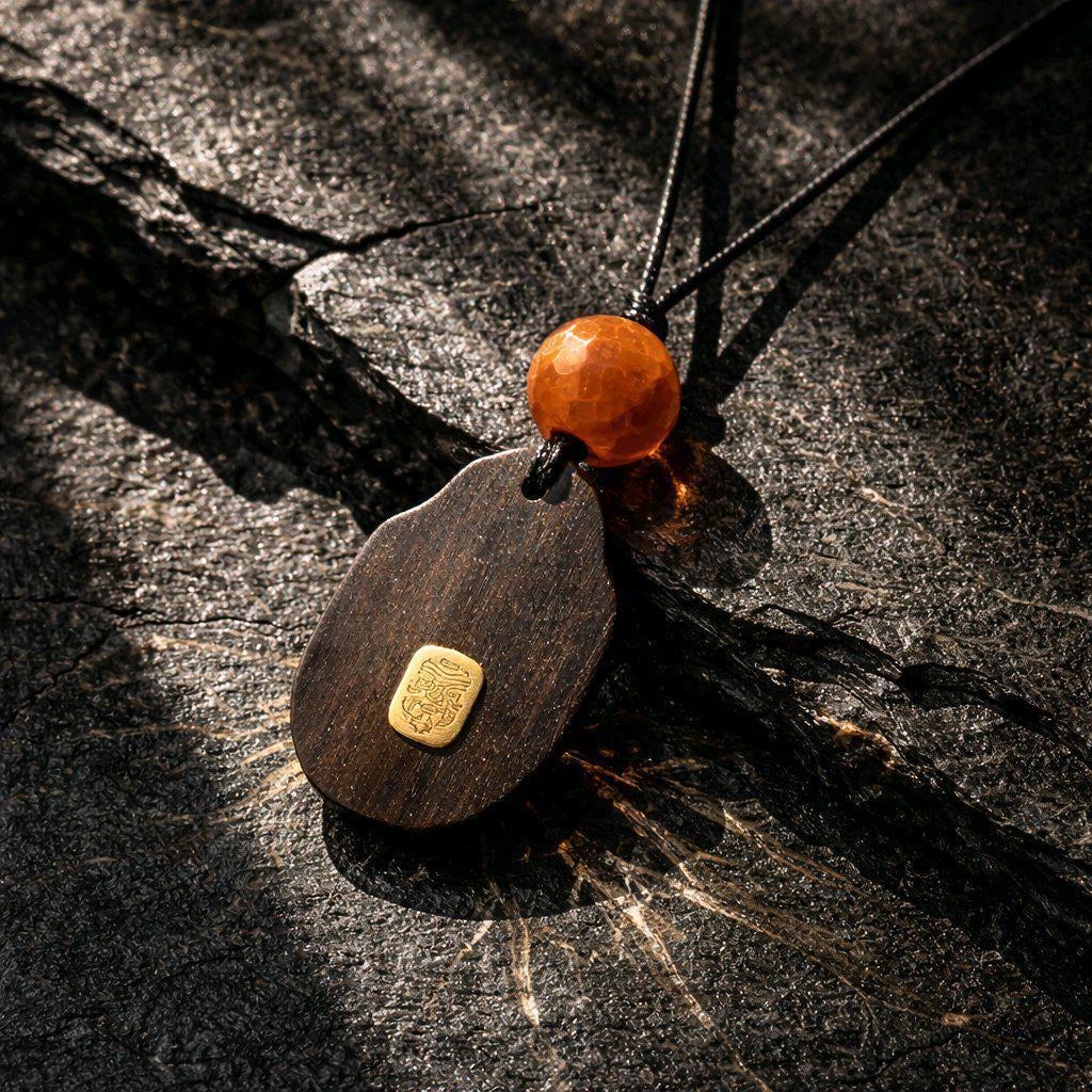 Natural Agarwood Pendant Necklace With Faceted Red jasper, organic wood carving with Gold Lion Totem, Zen Meditation Jewelry Chunky Stone