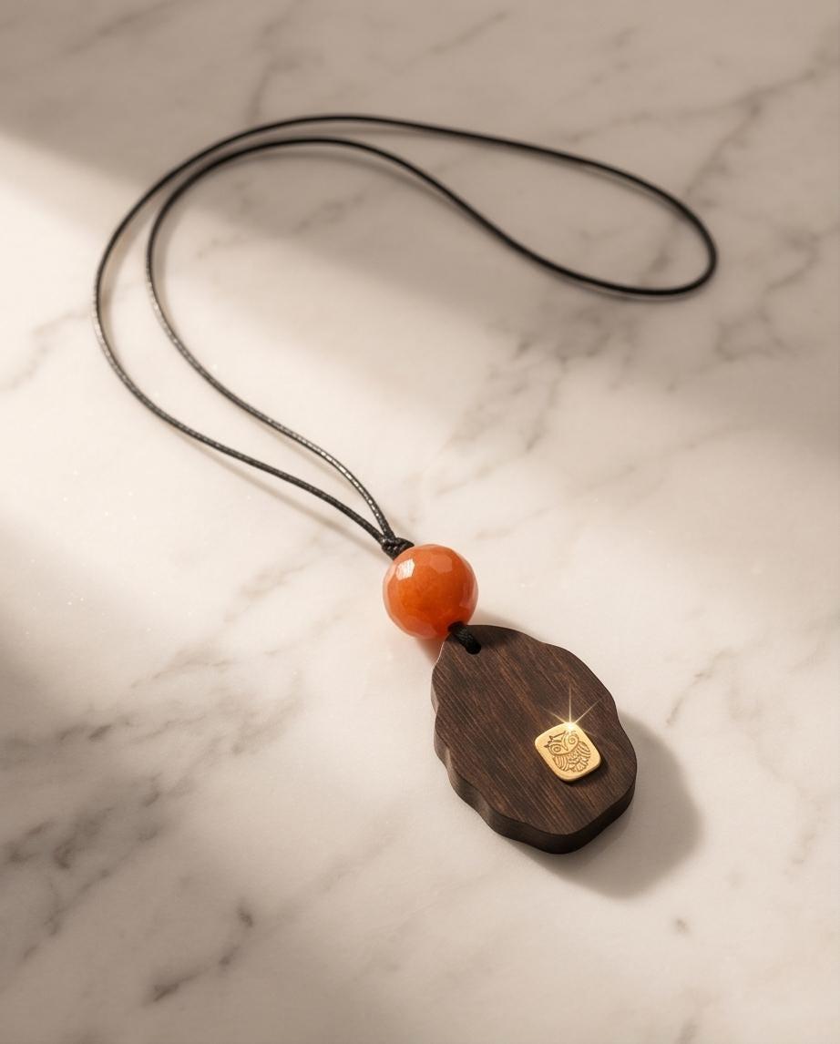 Natural Agarwood Pendant Necklace With Faceted Red jasper, organic wood carving with Gold Lion Totem, Zen Meditation Jewelry Chunky Stone