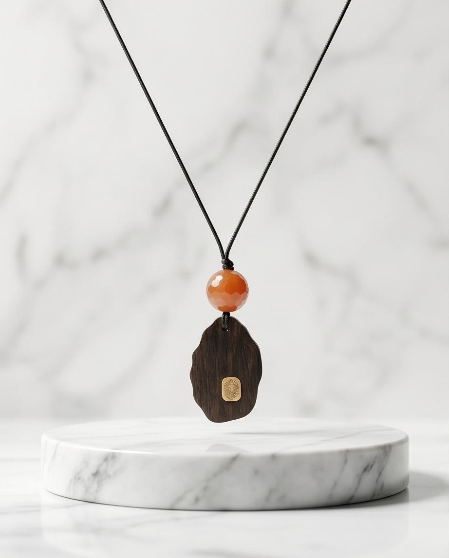 Natural Agarwood Pendant Necklace With Faceted Red jasper, organic wood carving with Gold Lion Totem, Zen Meditation Jewelry Chunky Stone