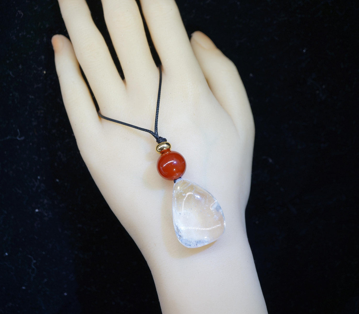 Clear Quartz Red Carnelian Necklace, Freeform Zen Pendant, Chunky Geometric Energy Stone, Boho Crystal Jewelry Real Leather Cord Adjustable