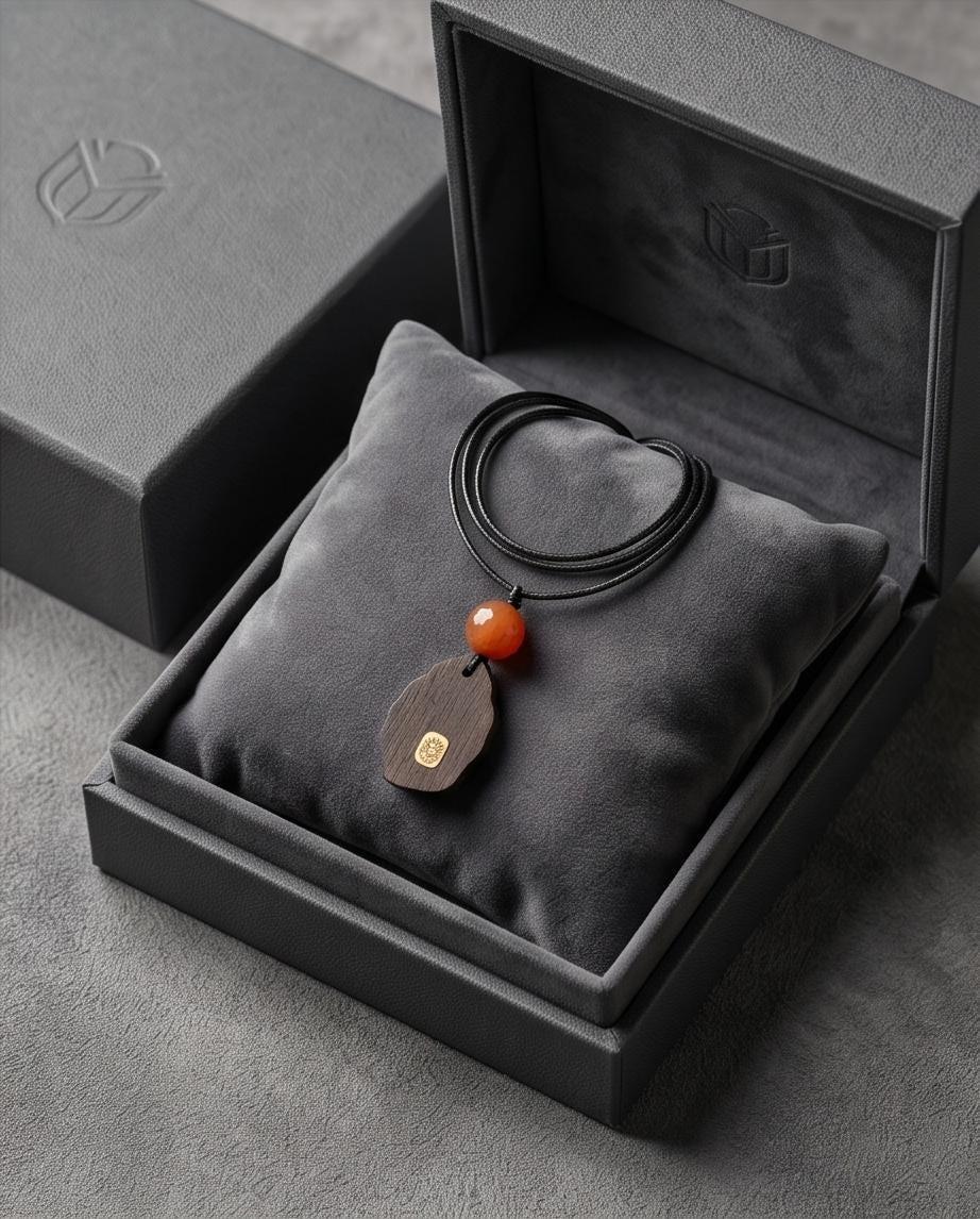 Natural Agarwood Pendant Necklace With Faceted Red jasper, organic wood carving with Gold Lion Totem, Zen Meditation Jewelry Chunky Stone