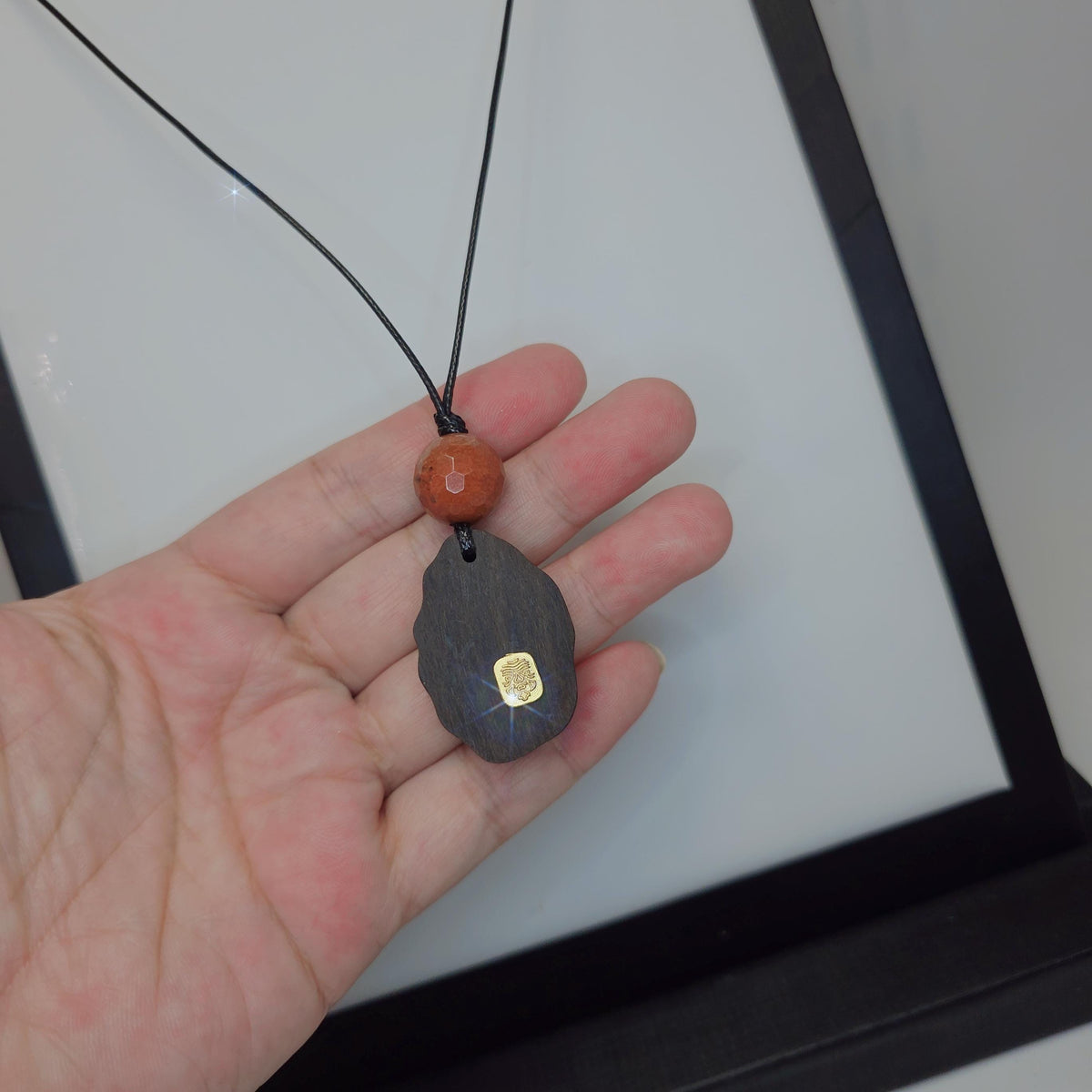 Natural Agarwood Pendant Necklace With Faceted Red jasper, organic wood carving with Gold Lion Totem, Zen Meditation Jewelry Chunky Stone