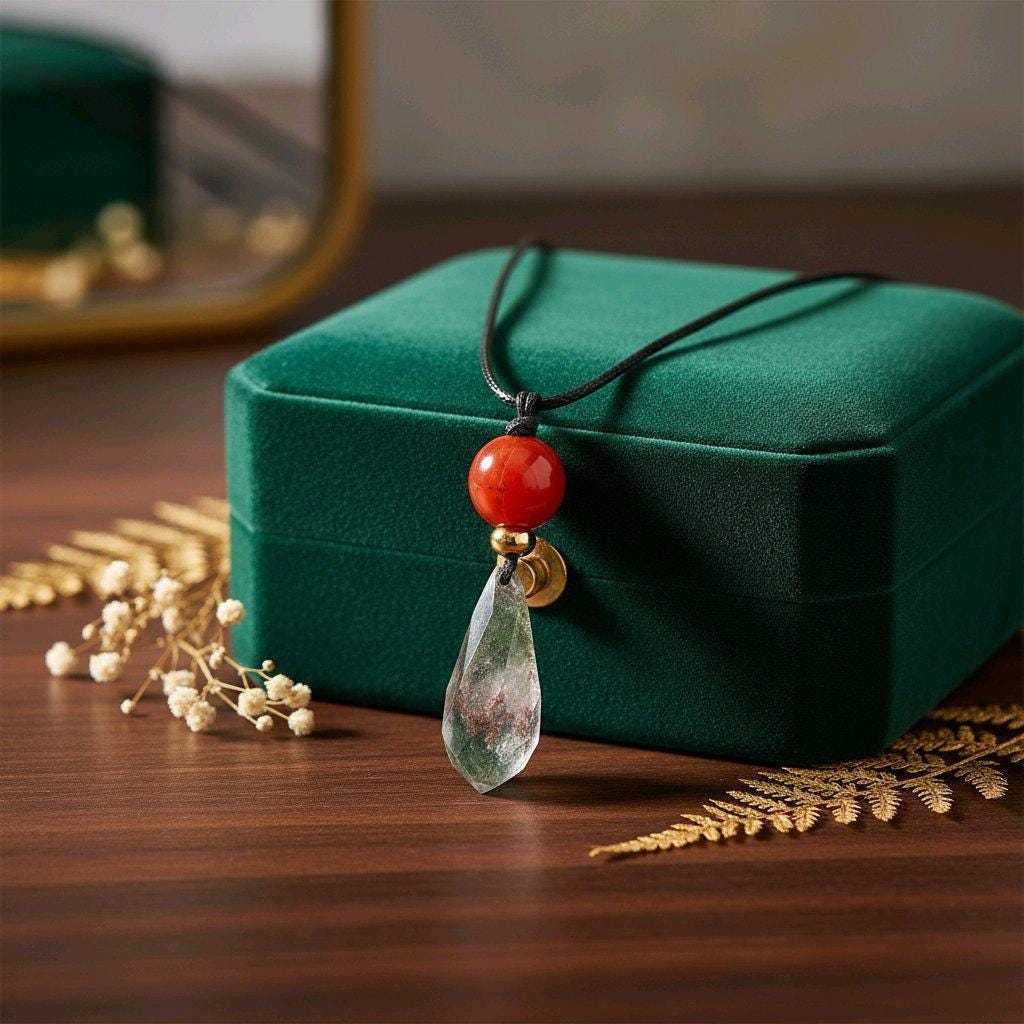 Chunky Garden Quartz Necklace, Geometric Faceted Phantom Crystal Pendant with Red Jasper, Zen Spiritual Jewelry, Adjustable Leather #2573