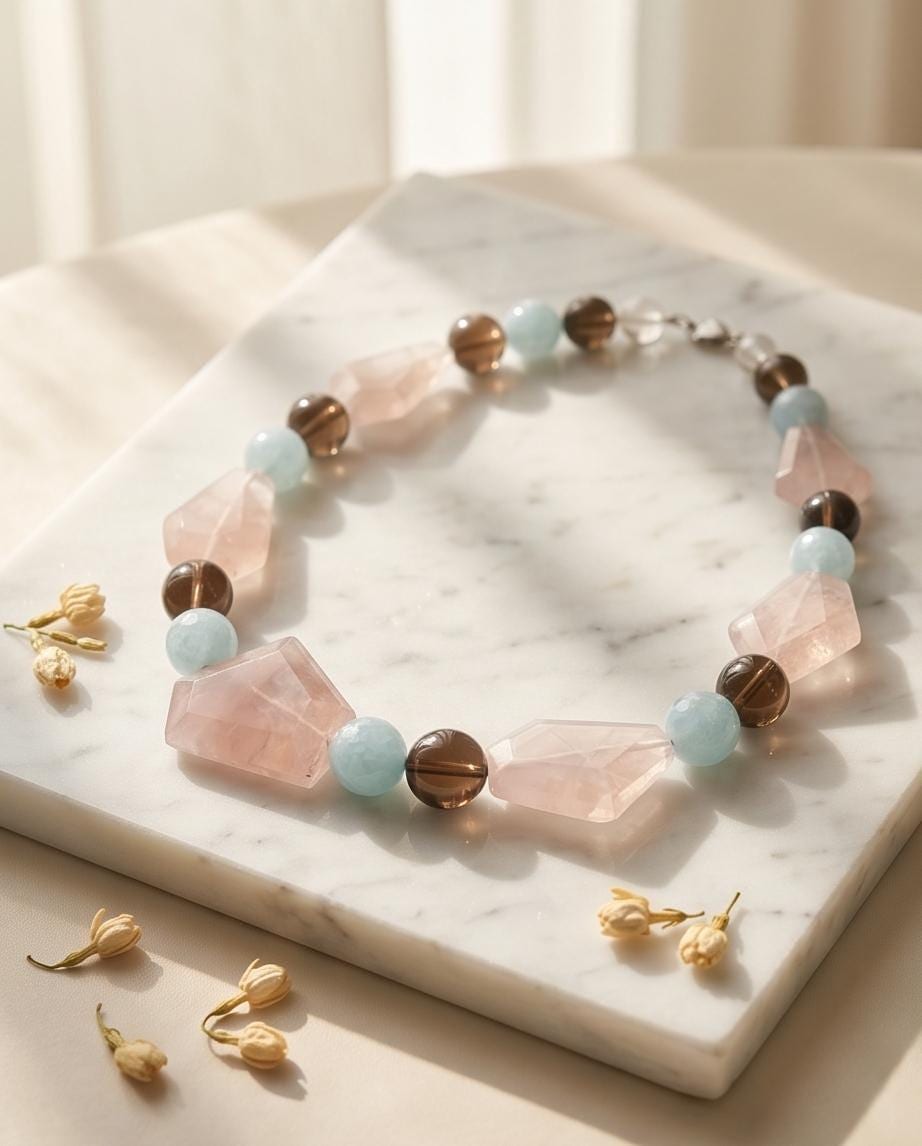 Chunky Rose Quartz Aquamarine Necklace, Geometric Raw Crystal Statement Choker, Smoky Quartz Healing Gemstone Jewelry Bold Pastel Gemstone