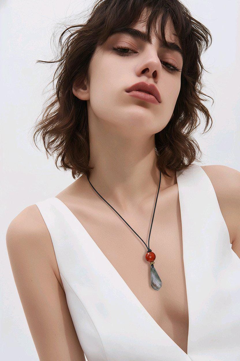 Chunky Garden Quartz Necklace, Geometric Faceted Phantom Crystal Pendant with Red Jasper, Zen Spiritual Jewelry, Adjustable Leather #2573