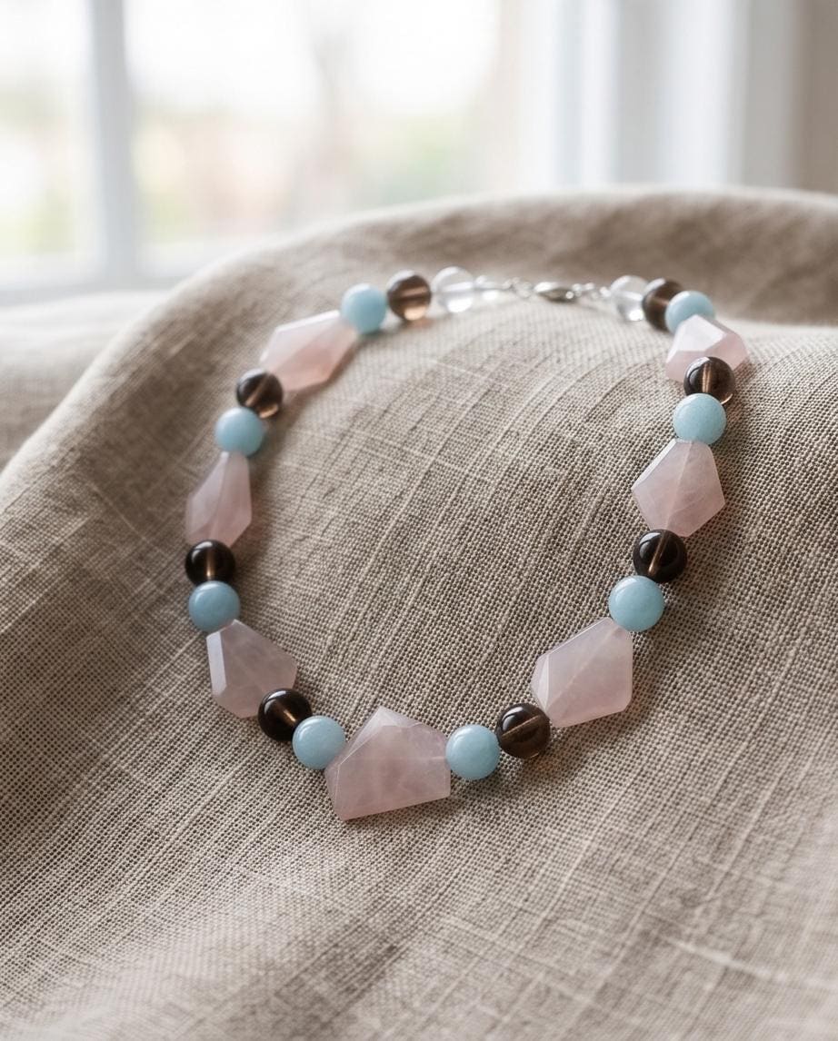 Chunky Rose Quartz Aquamarine Necklace, Geometric Raw Crystal Statement Choker, Smoky Quartz Healing Gemstone Jewelry Bold Pastel Gemstone