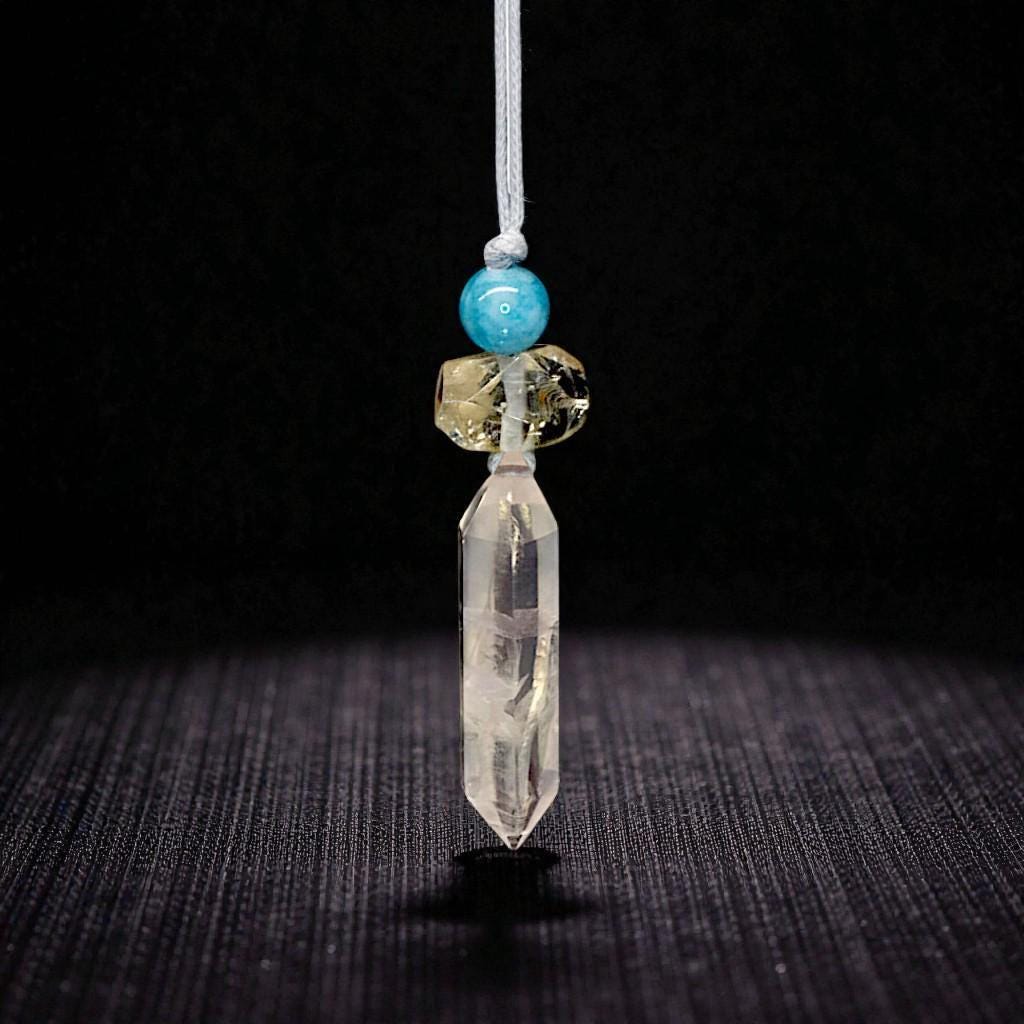 Geometric Rose Quartz Point Necklace - Chunky Natural Citrine & Aquamarine Zen Pendant - 30" Adjustable Cord - Healing Crystal #2074