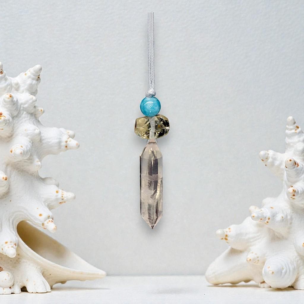 Geometric Rose Quartz Point Necklace - Chunky Natural Citrine & Aquamarine Zen Pendant - 30" Adjustable Cord - Healing Crystal #2074