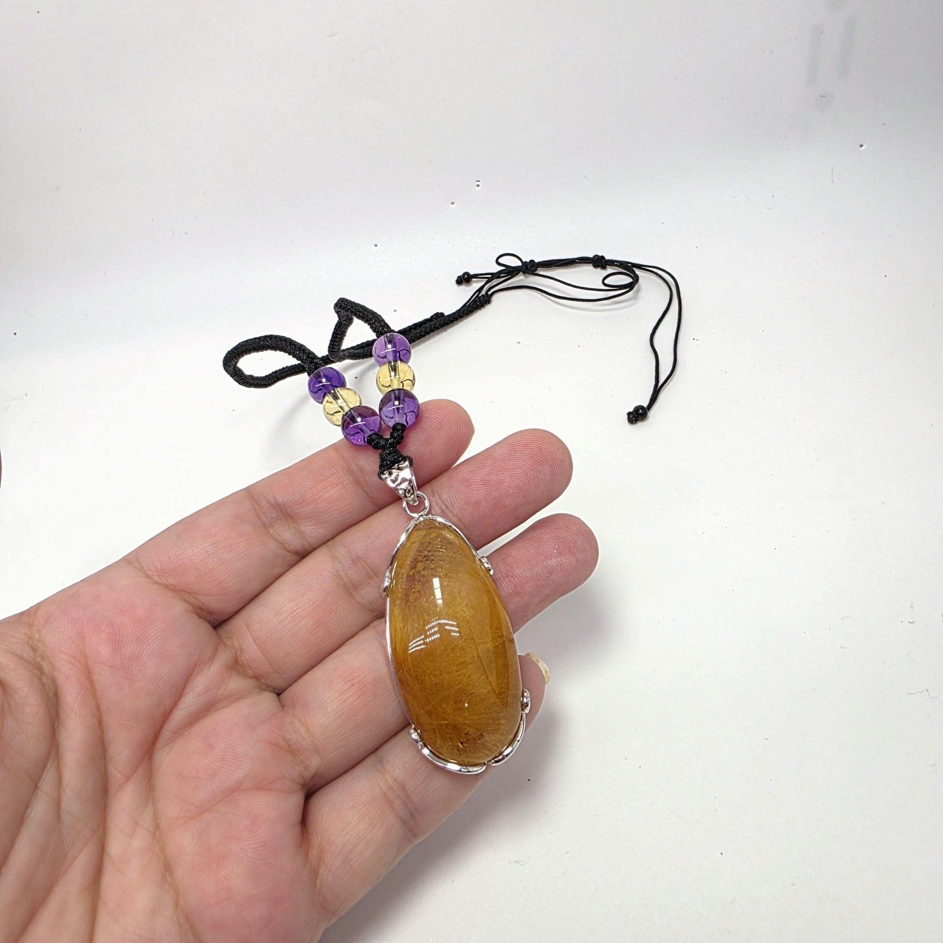 Natural Golden Rutilated Quartz Pendant Necklace with Citrine & Amethyst, Golden Hair Quartz Healing Crystal Jewelry Chunky Stone gift