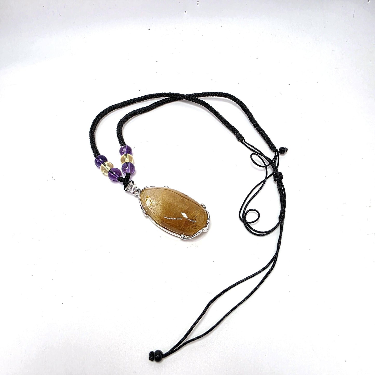 Natural Golden Rutilated Quartz Pendant Necklace with Citrine & Amethyst, Golden Hair Quartz Healing Crystal Jewelry Chunky Stone gift