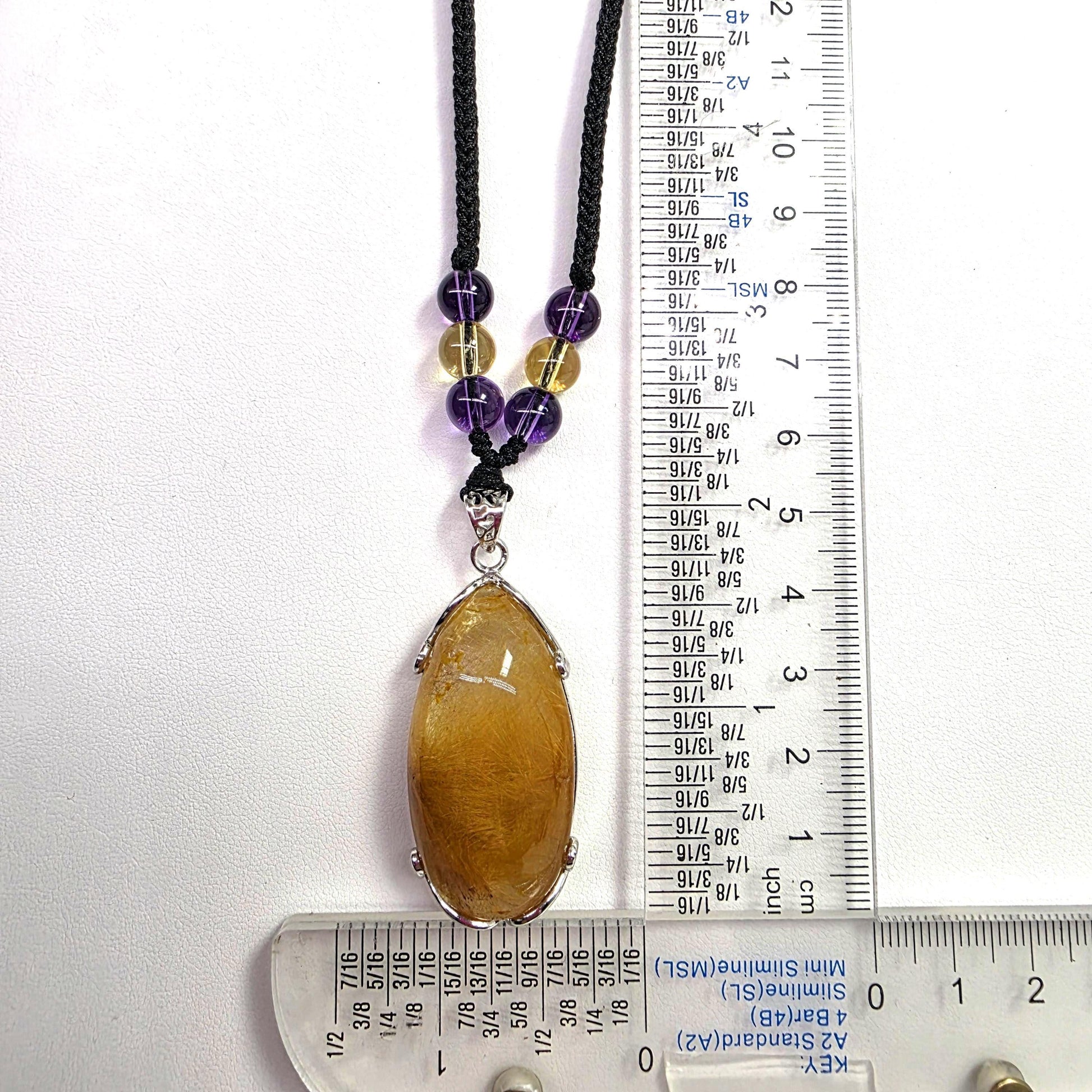 Natural Golden Rutilated Quartz Pendant Necklace with Citrine & Amethyst, Golden Hair Quartz Healing Crystal Jewelry Chunky Stone gift
