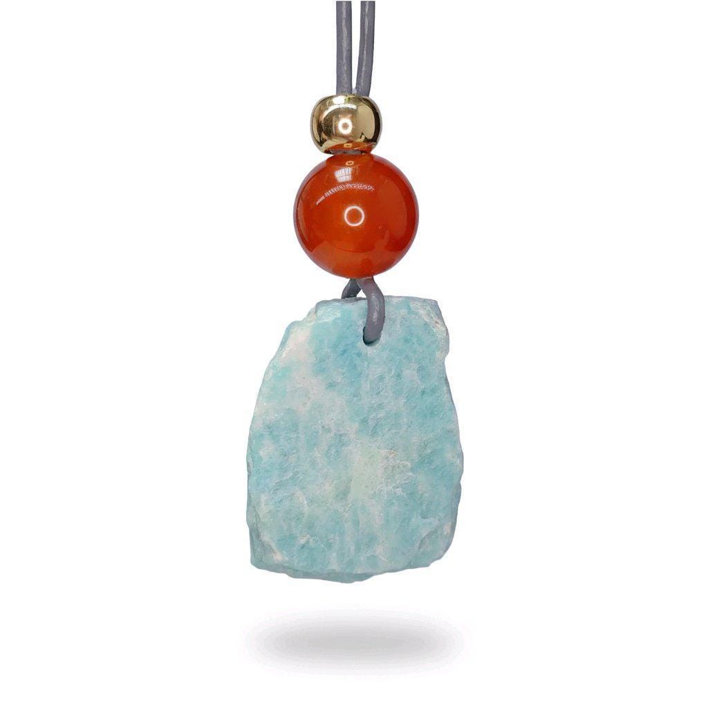 Chunky Amazonite Raw Stone Necklace, Geometric Carnelian Pendant with 18k Gold Copper Accent, Boho Spiritual Jewelry #2575
