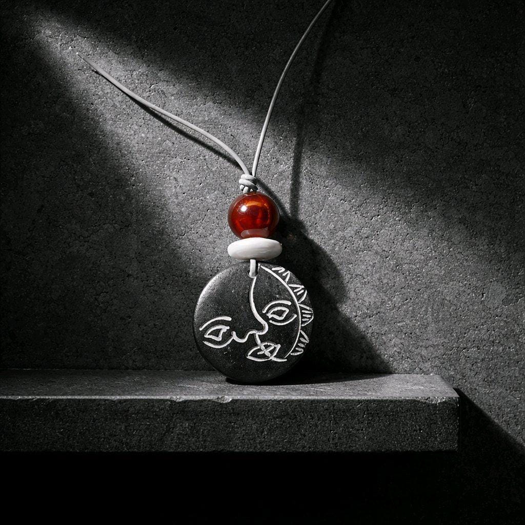 Sun Face Bovine Bone Pendant Necklace, Red Agate & Baroque Pearl, Sun Deity Totem Jewelry, Organic Necklace, Celestial Gift