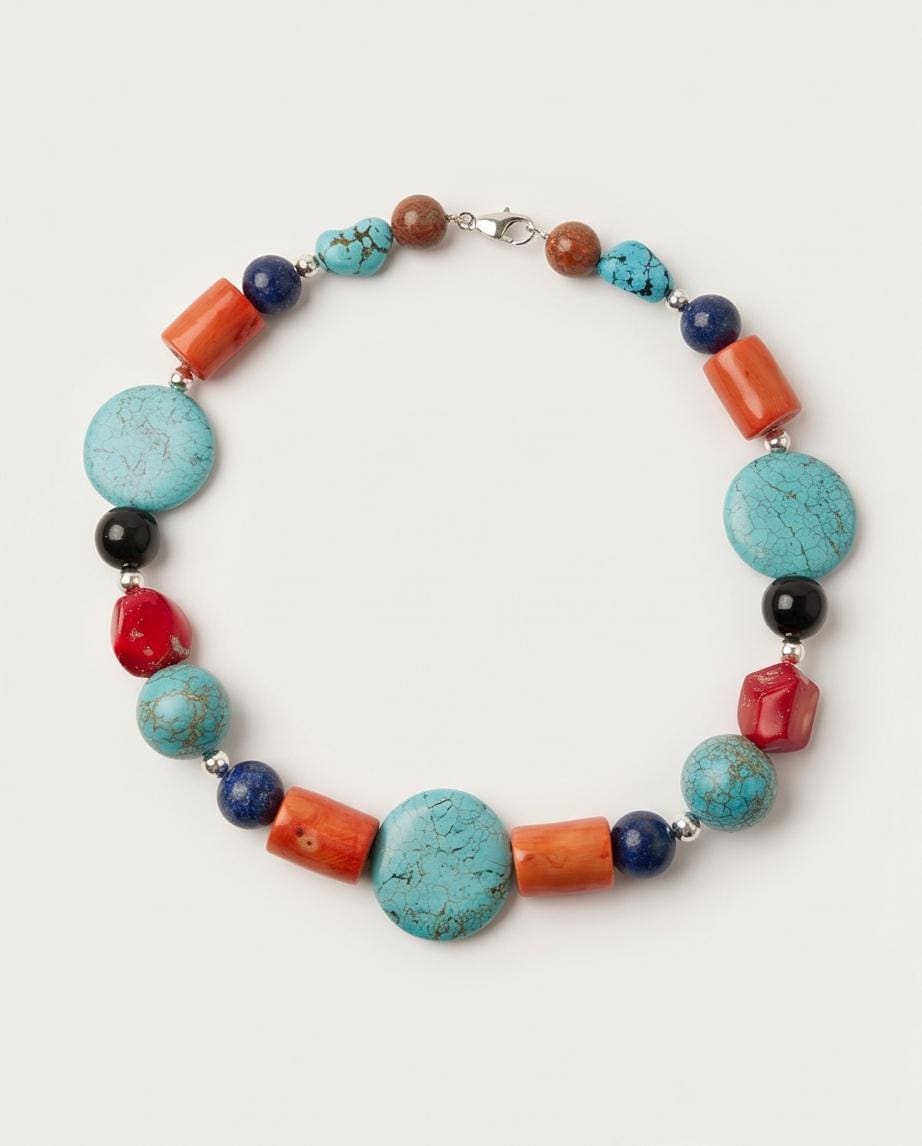 Chunky Turquoise Coral Lapis Lazuli Necklace, Tibetan Style Gemstone Statement Necklace, Bold Geometric Southwestern Choker For women