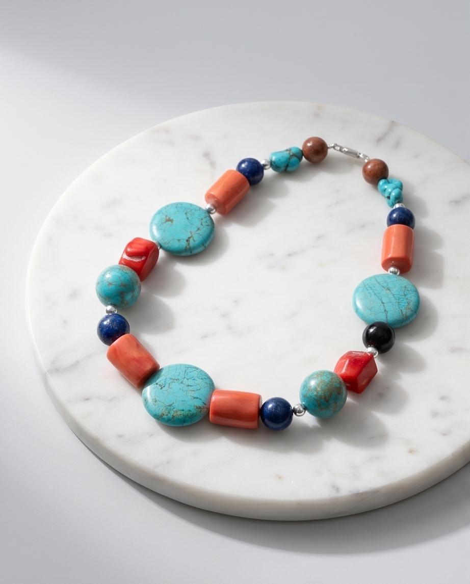 Chunky Turquoise Coral Lapis Lazuli Necklace, Tibetan Style Gemstone Statement Necklace, Bold Geometric Southwestern Choker For women