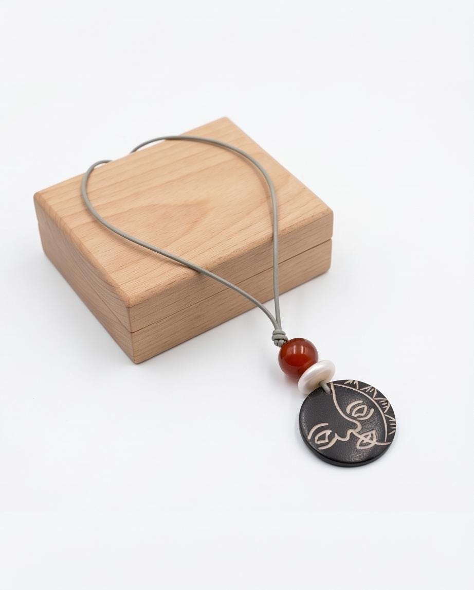 Sun Face Bovine Bone Pendant Necklace, Red Agate & Baroque Pearl, Sun Deity Totem Jewelry, Organic Necklace, Celestial Gift