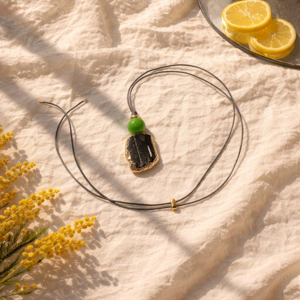 Raw Black Tourmaline Necklace Green Dyed Jade Pendant, Adjustable Leather cord, Spiritual Healing Protective Chunky Gemstone for men women