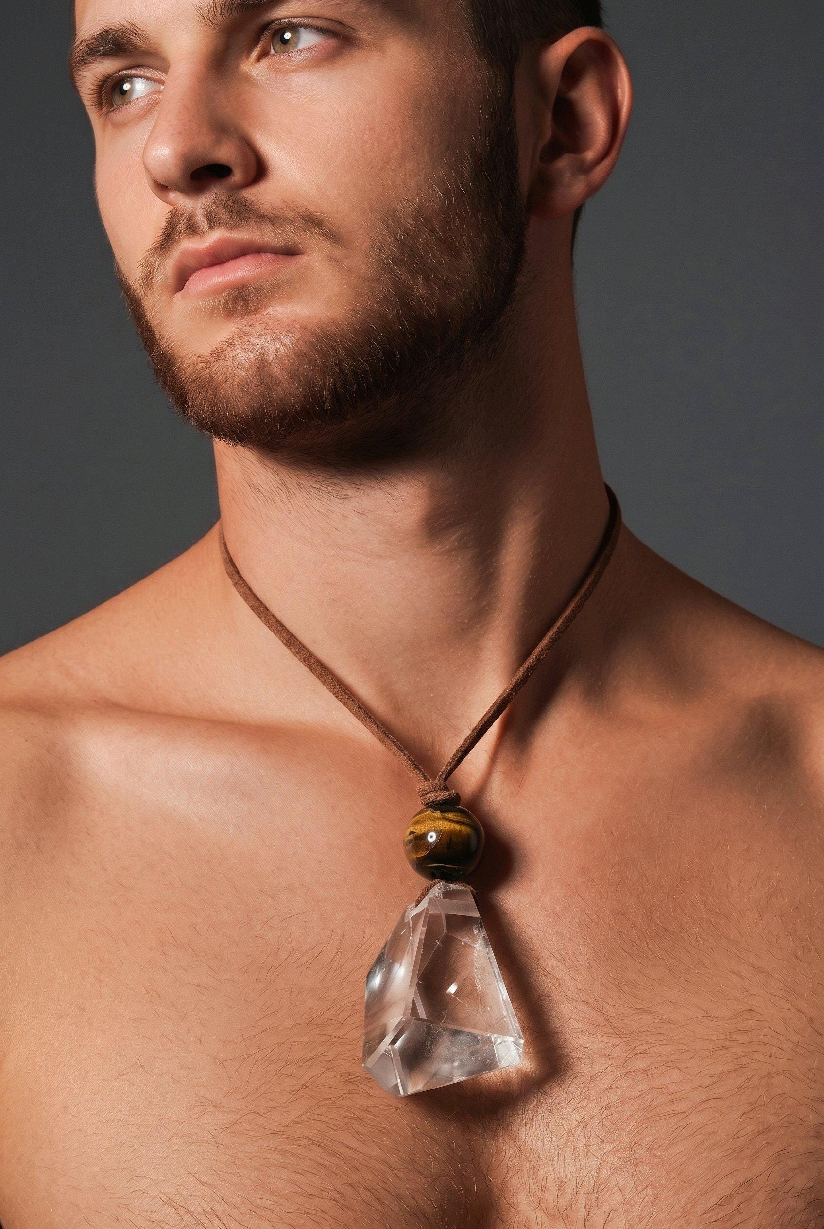 Large Chunky Raw Clear Quartz Necklace Faceted Himalaya Crystal Point Pendant Tiges Eye Jewelry Men Necklace Crysta Yoge Reiki Healing Gift