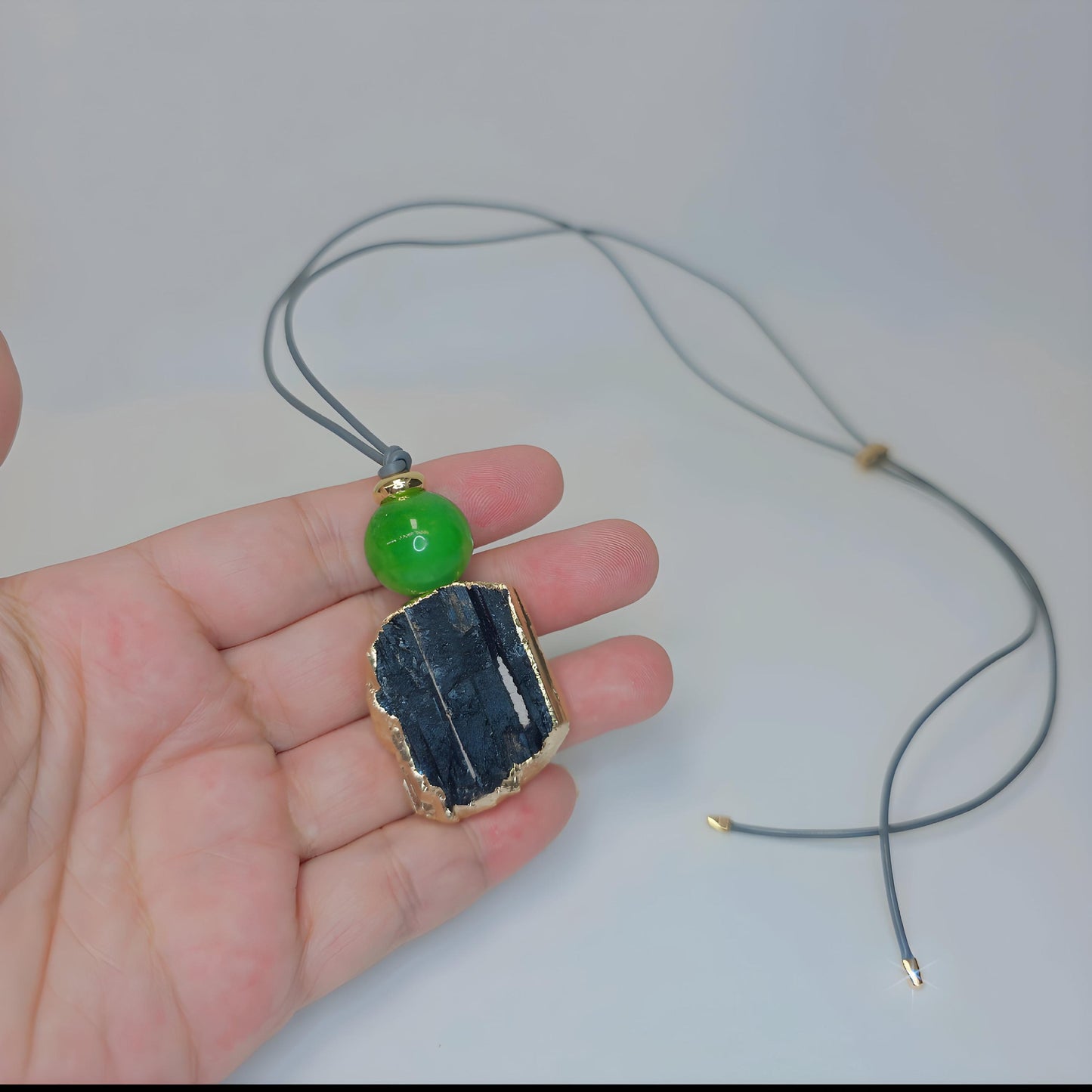 Raw Black Tourmaline Necklace Green Dyed Jade Pendant, Adjustable Leather cord, Spiritual Healing Protective Chunky Gemstone for men women