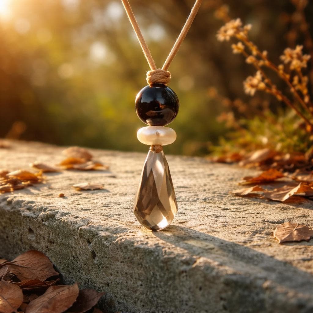 Chunky Natural Smoky Quartz Pendant, Genuine Pearl Black Obsidian Necklace, Spiritual Healing Jewelry, Adjustable leather up to 30 inches.