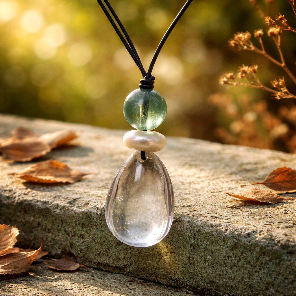 Clear Quartz Necklace, Raw Natural Baroque Pearl Pendant ,Green Fluorite Jewelry ,Boho Spiritual Crystal Healing Chunky Stone Spiritual Gift