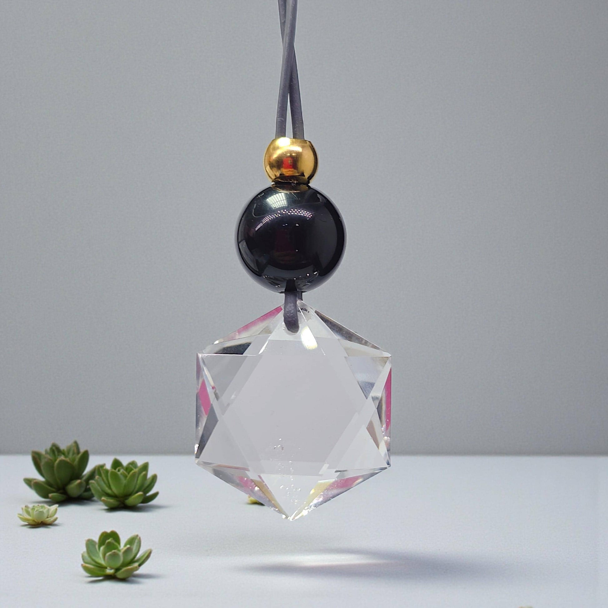 Clear Quartz Hexagram Star Necklace, Chunky Black Obsidian Stone Protection Amulet Jewelry for Men Women, Adjustable Leather Cord