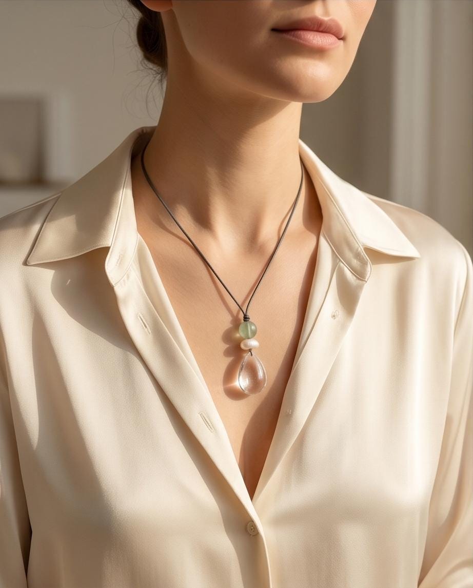 Clear Quartz Necklace, Raw Natural Baroque Pearl Pendant ,Green Fluorite Jewelry ,Boho Spiritual Crystal Healing Chunky Stone Spiritual Gift