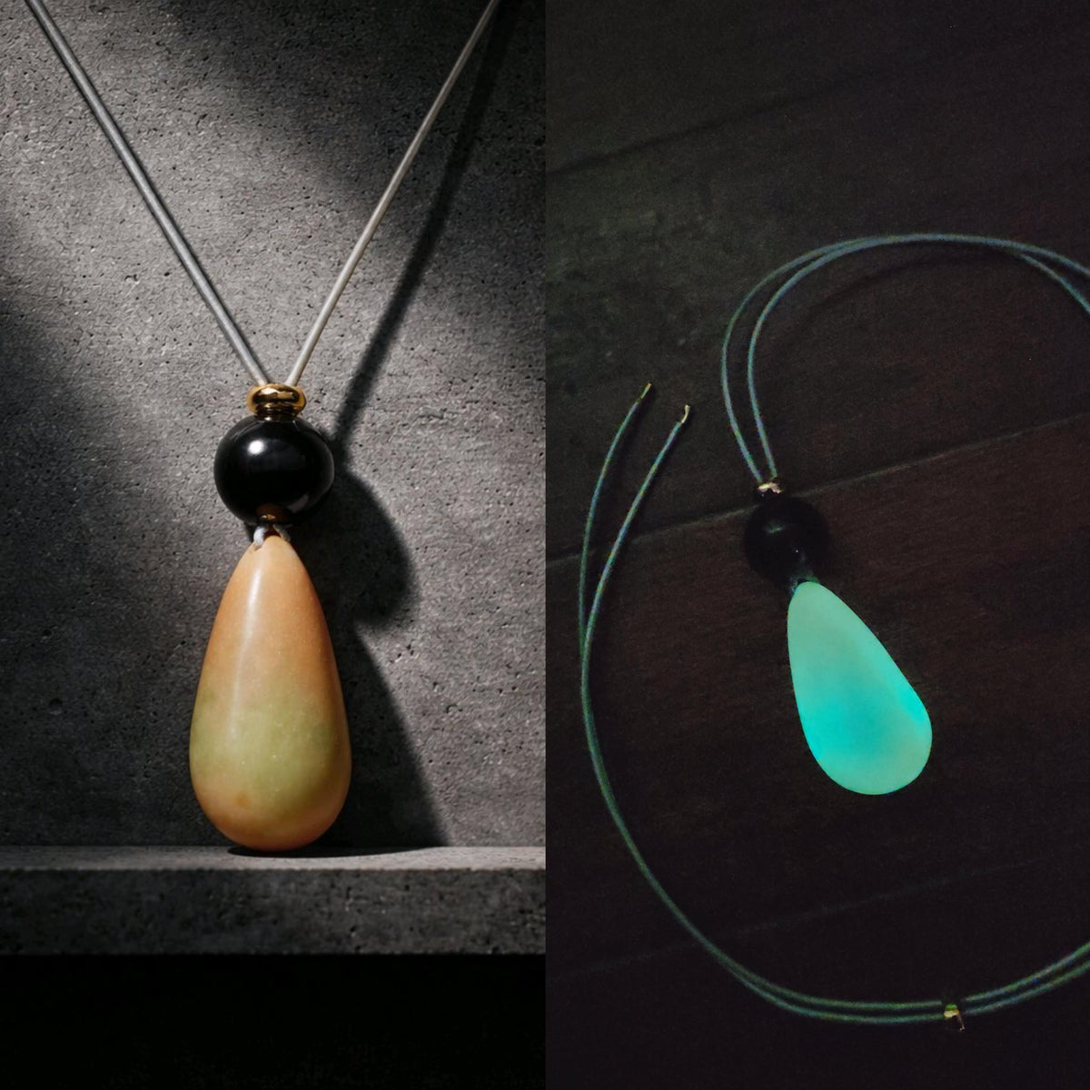 Real Glow in the Dark Gemstone Necklace with Black Obsidian, Genuine Leather Cord, Adjustable Up to 30", Luminous Chunky Stone Jewelry