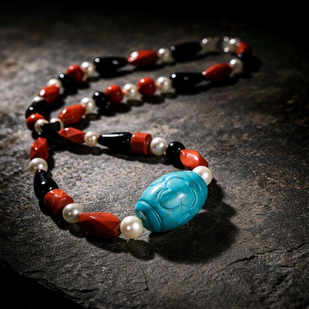 Natural Turquoise Pearl Necklace, Hand-Carved Red Jasper Black Onyx Obsidian Statement Jewelry, Chunky Boho Chunky Gemstone Necklace