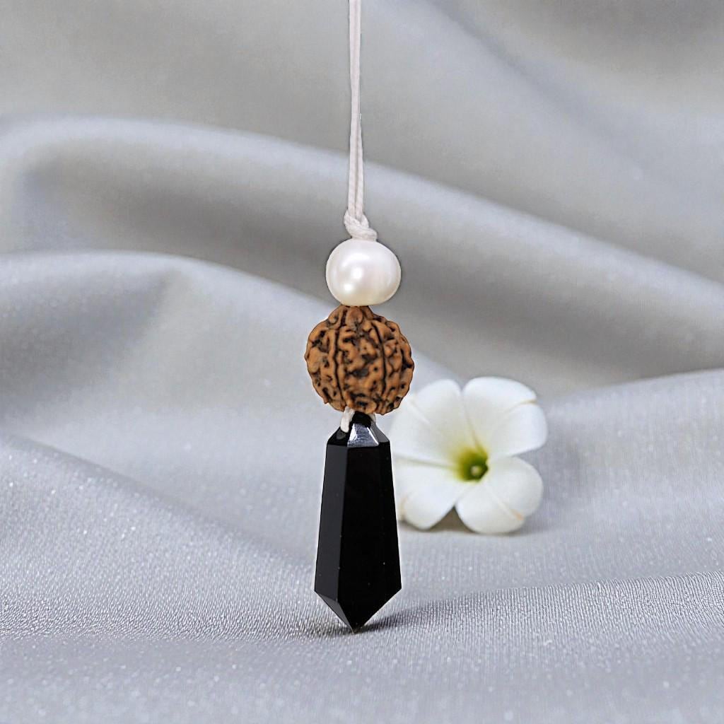 Black Obsidian Rudraksha Seed Necklace, Natural Pearl Chunky Pendant, Adjustable Leather Cord, Spiritual Prayer & Energy Jewelry #2070