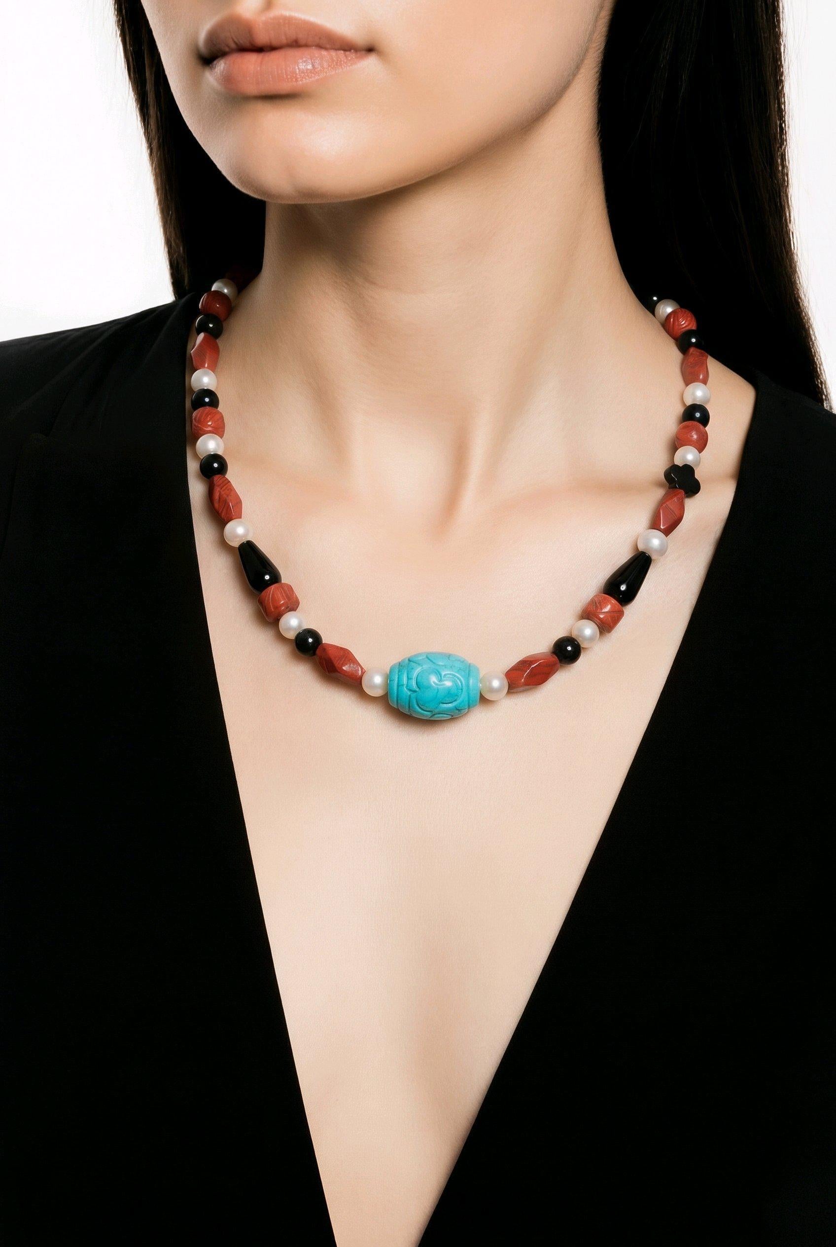 Natural Turquoise Pearl Necklace, Hand-Carved Red Jasper Black Onyx Obsidian Statement Jewelry, Chunky Boho Chunky Gemstone Necklace