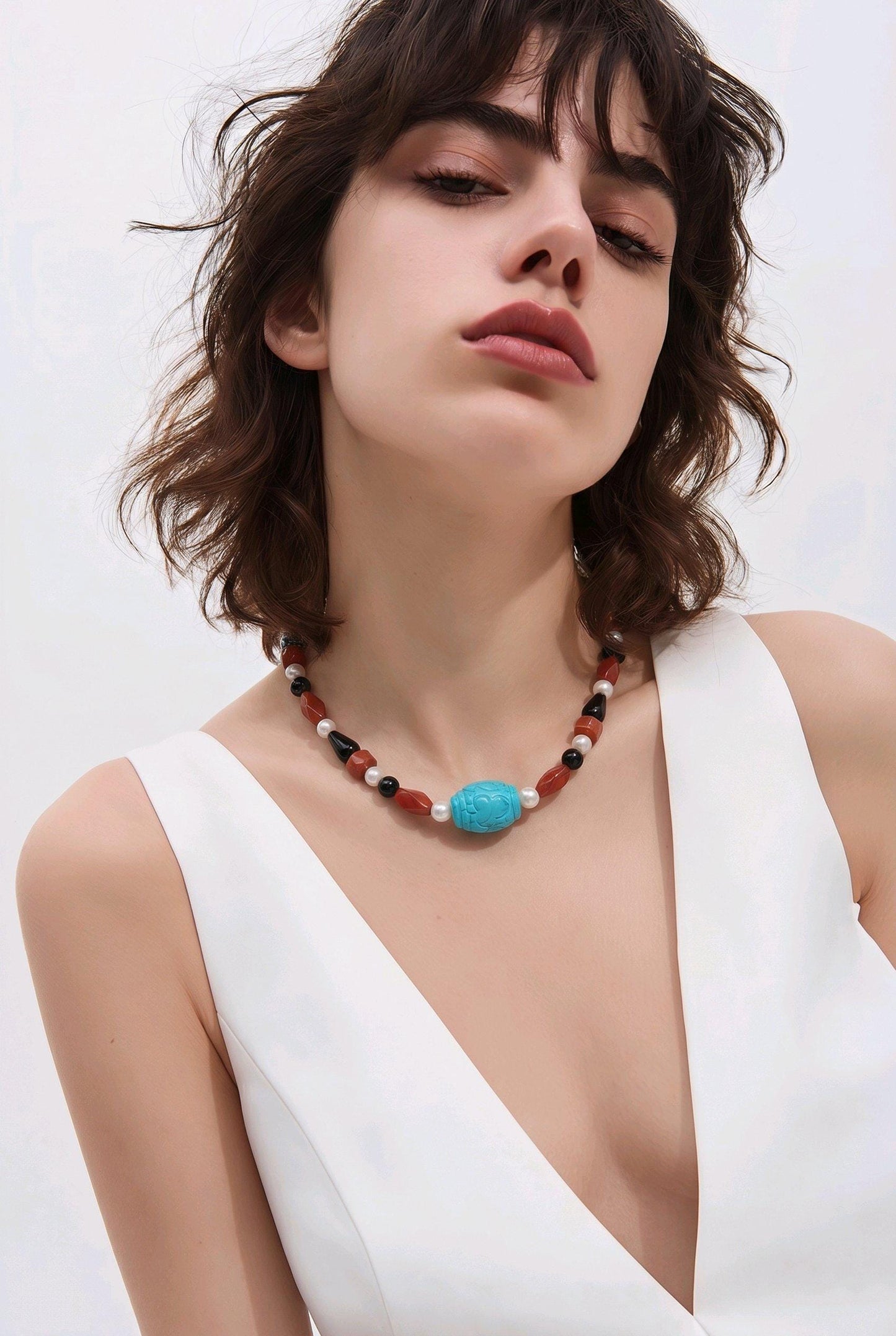 Natural Turquoise Pearl Necklace, Hand-Carved Red Jasper Black Onyx Obsidian Statement Jewelry, Chunky Boho Chunky Gemstone Necklace