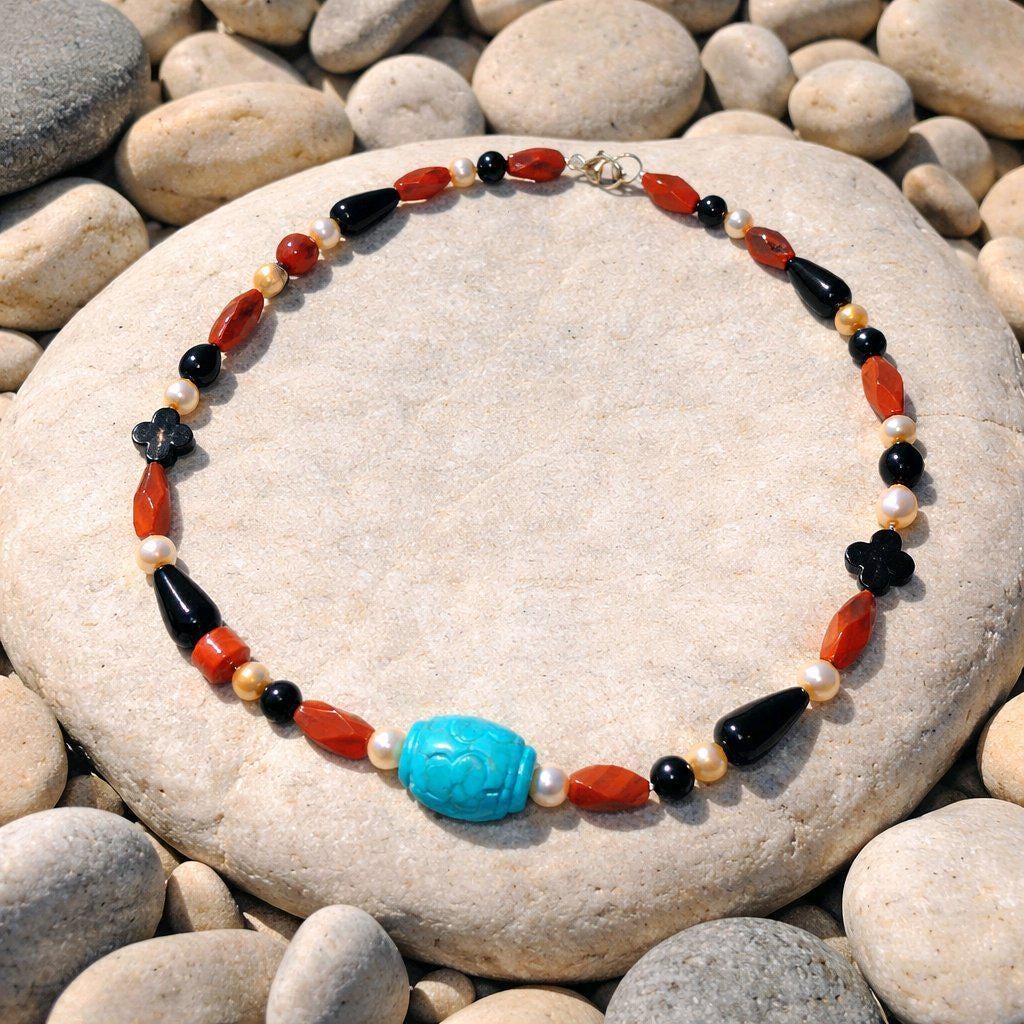 Natural Turquoise Pearl Necklace, Hand-Carved Red Jasper Black Onyx Obsidian Statement Jewelry, Chunky Boho Chunky Gemstone Necklace