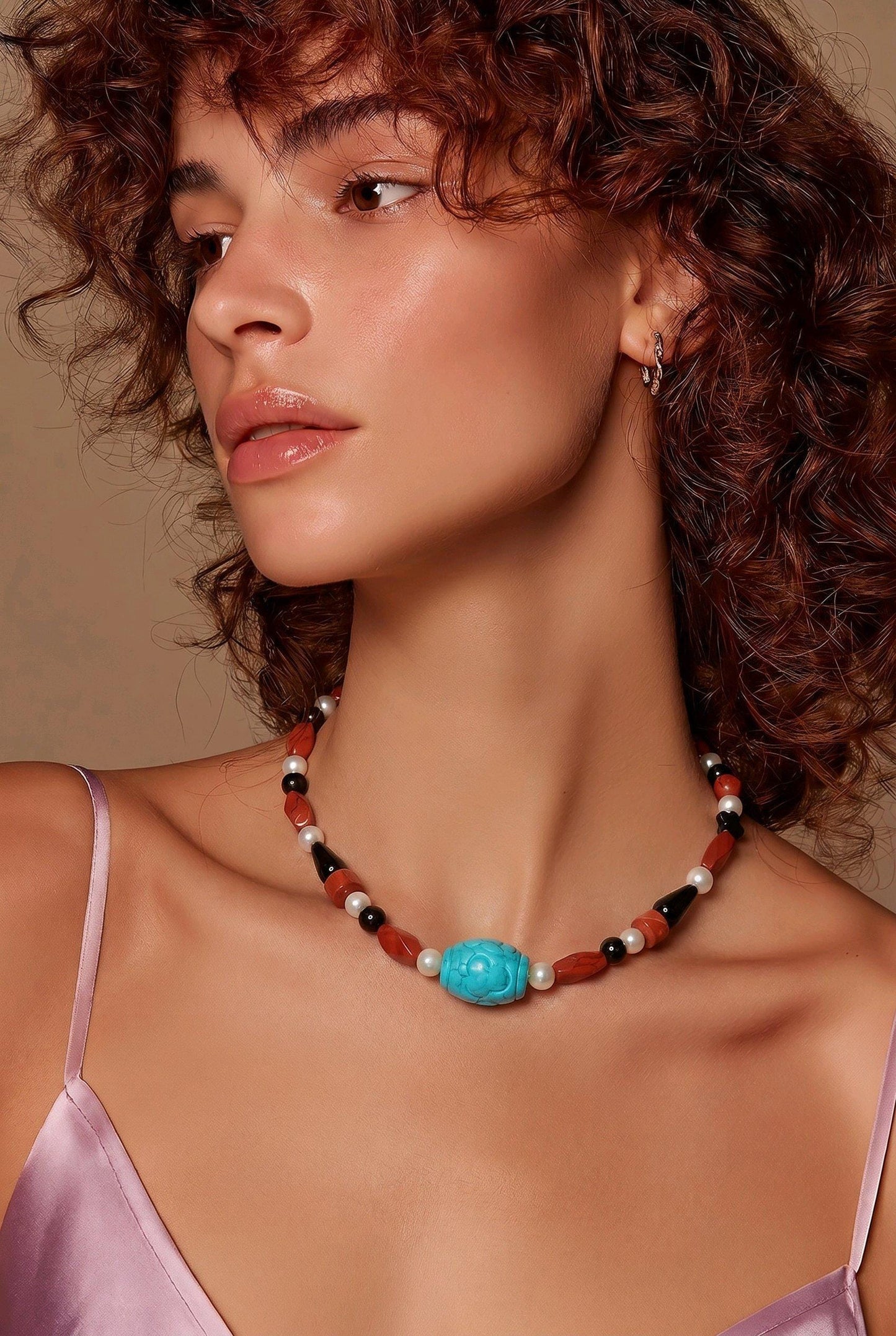 Natural Turquoise Pearl Necklace, Hand-Carved Red Jasper Black Onyx Obsidian Statement Jewelry, Chunky Boho Chunky Gemstone Necklace