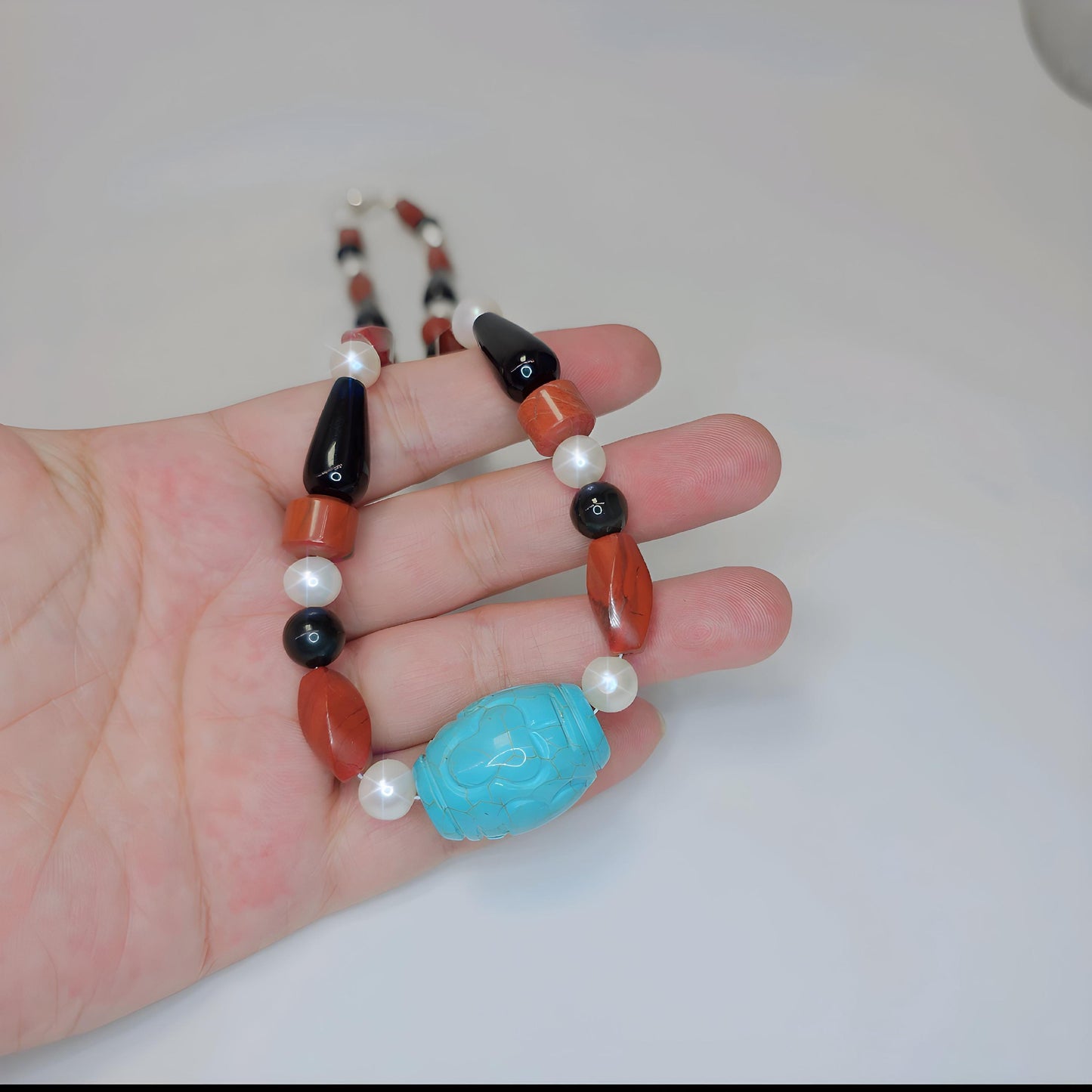 Natural Turquoise Pearl Necklace, Hand-Carved Red Jasper Black Onyx Obsidian Statement Jewelry, Chunky Boho Chunky Gemstone Necklace