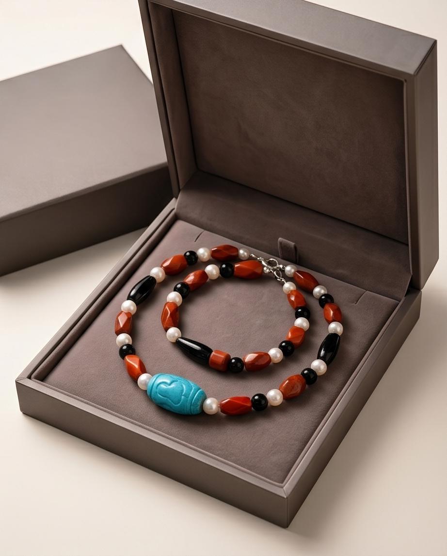 Natural Turquoise Pearl Necklace, Hand-Carved Red Jasper Black Onyx Obsidian Statement Jewelry, Chunky Boho Chunky Gemstone Necklace