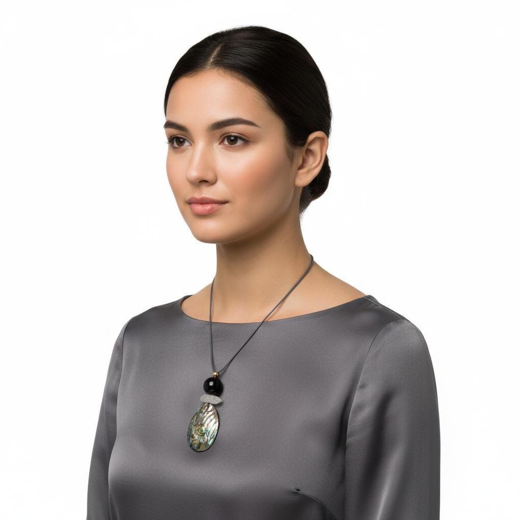 Chunky Abalone Shell Necklace, Geometric Obsidian & Quartz Pendant, 30" Adjustable Leather Cord, Natural Double-Sided Shell Gift #2541