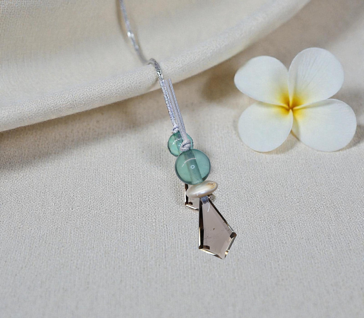 Smoky Quartz Green Fluorite Necklace - Crystal Point Pendant - Natural Pearl Accents - 30" Adjustable Leather - Chunky Healing #2076