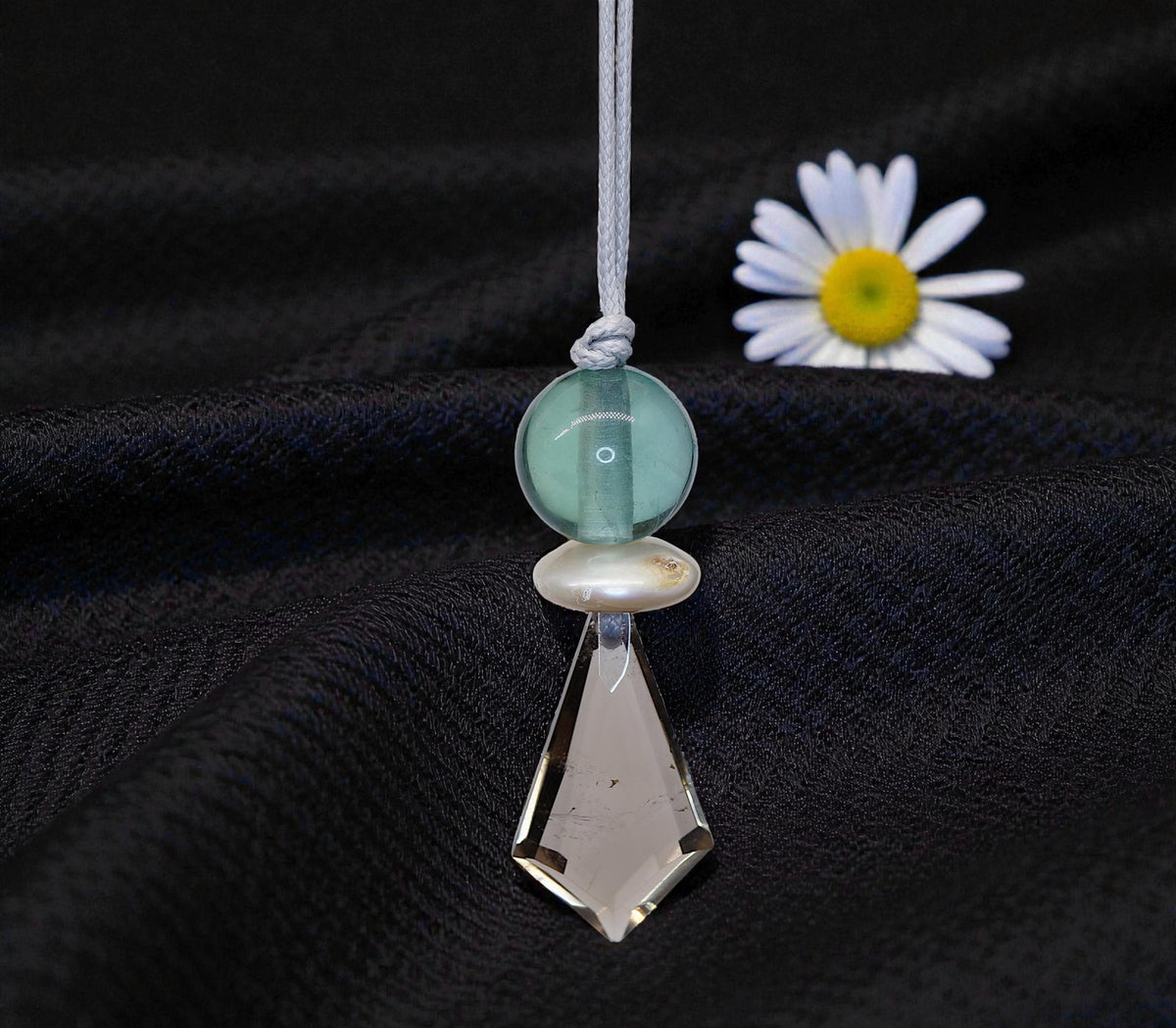 Smoky Quartz Green Fluorite Necklace - Crystal Point Pendant - Natural Pearl Accents - 30" Adjustable Leather - Chunky Healing #2076