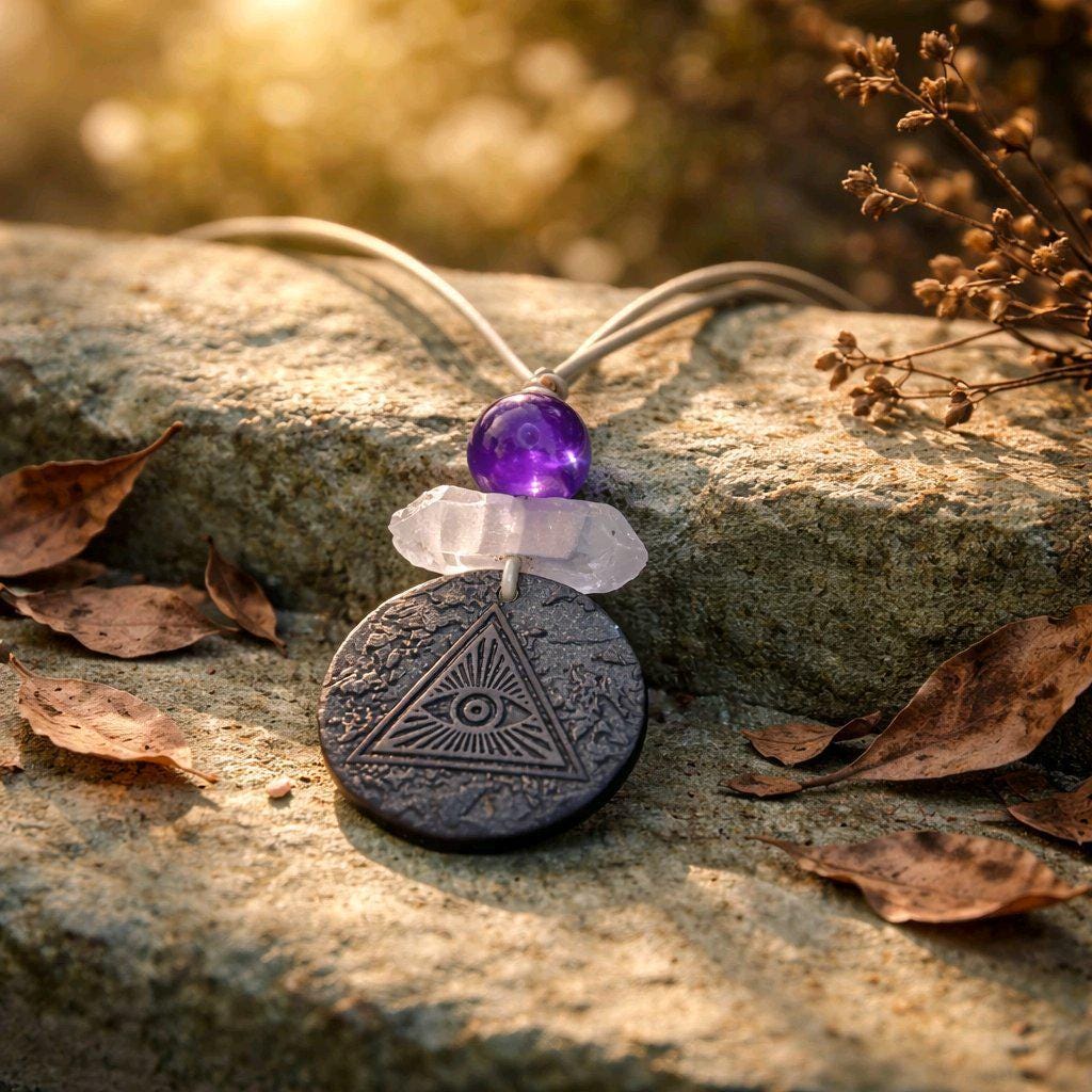 EMF Protection Graphene Necklace Third Eye Pendant Clear Quartz Amethyst Anti Radiation Jewelry Adjustable Leather 30 inch , Chunky Stone