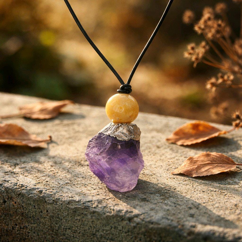 Amethyst Necklace Chunky Natural Raw Amethyst Pendant Leather Cord Yellow Agate February Birthstone Crystal Healing Yoga Jewelry