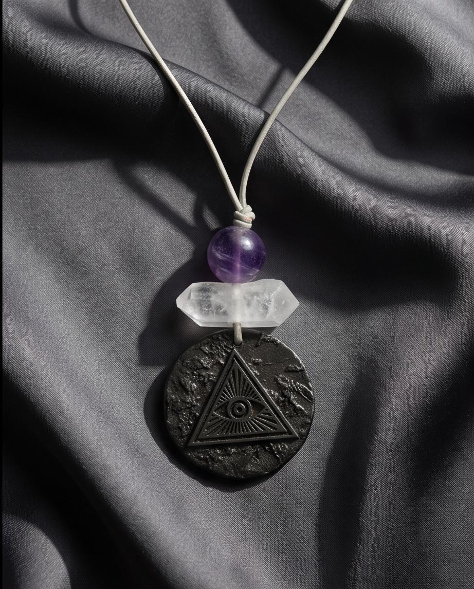 EMF Protection Graphene Necklace Third Eye Pendant Clear Quartz Amethyst Anti Radiation Jewelry Adjustable Leather 30 inch , Chunky Stone