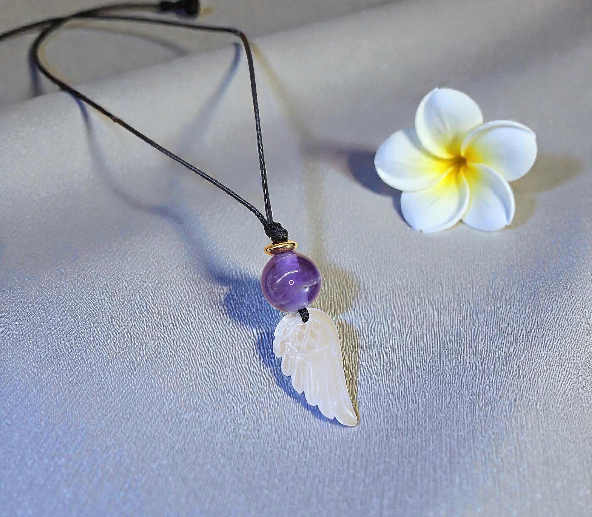 Amethyst Clear Quartz Angel Wing Necklace, Natural Purple Crystal Chunky Pendant, Adjustable Leather Cord, Spiritual Gift for Her #2073