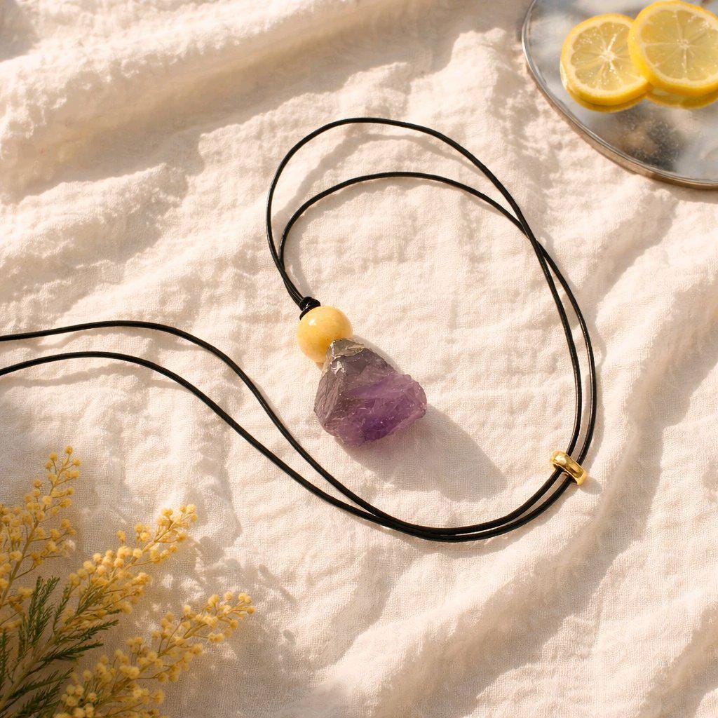 Amethyst Necklace Chunky Natural Raw Amethyst Pendant Leather Cord Yellow Agate February Birthstone Crystal Healing Yoga Jewelry