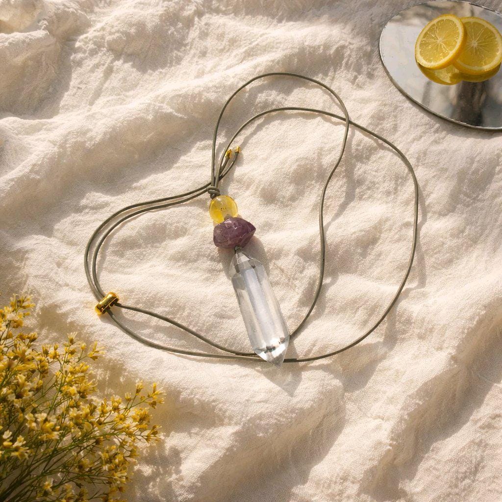 Natural Clear Quartz Amethyst Citrine Necklace, Raw Crystal Point Pendant, Adjustable Leather Chunky Healing Jewelry, Gift for Him #2089