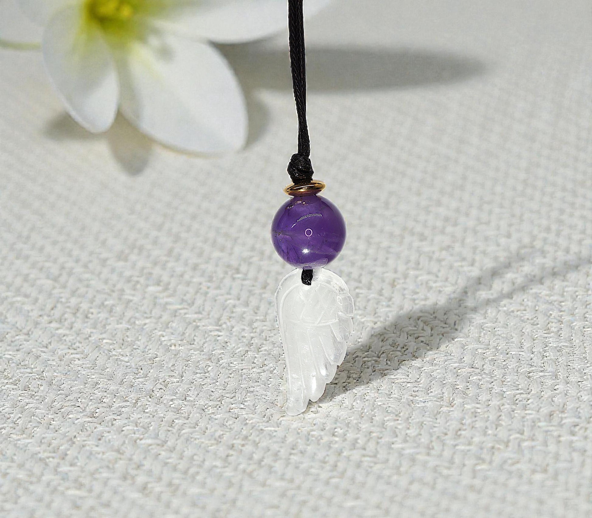 Amethyst Clear Quartz Angel Wing Necklace, Natural Purple Crystal Chunky Pendant, Adjustable Leather Cord, Spiritual Gift for Her #2073
