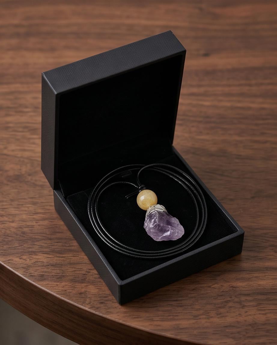Amethyst Necklace Chunky Natural Raw Amethyst Pendant Leather Cord Yellow Agate February Birthstone Crystal Healing Yoga Jewelry