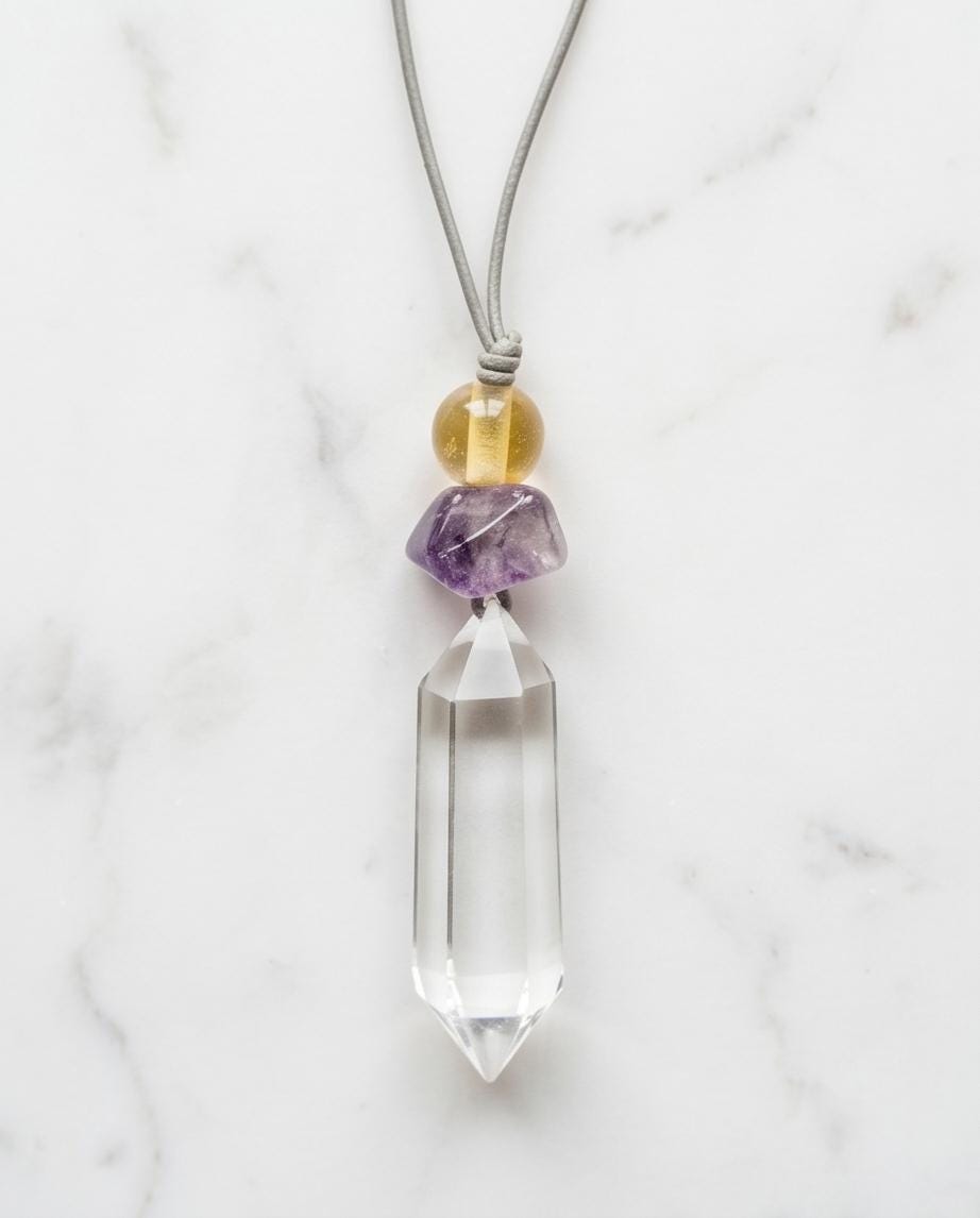 Natural Clear Quartz Amethyst Citrine Necklace, Raw Crystal Point Pendant, Adjustable Leather Chunky Healing Jewelry, Gift for Him #2089