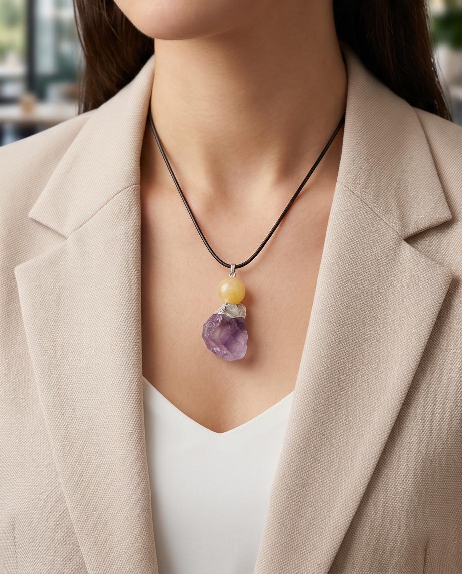 Amethyst Necklace Chunky Natural Raw Amethyst Pendant Leather Cord Yellow Agate February Birthstone Crystal Healing Yoga Jewelry